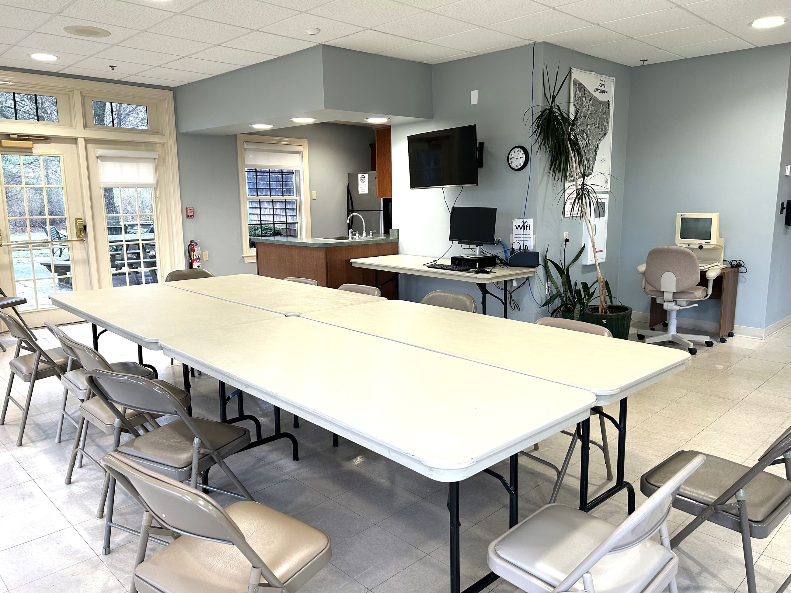 The Learning Café Room serves as a classroom, a computer café, and includes a kitchenette. 