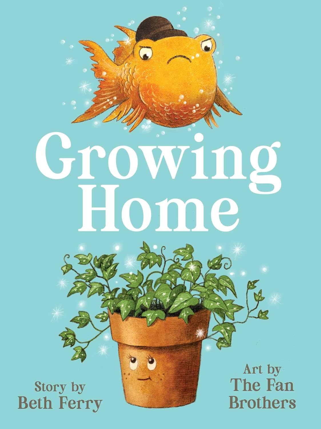 Cover of Growing Home shows a worried orange fish with a hat above a smiling potted plant